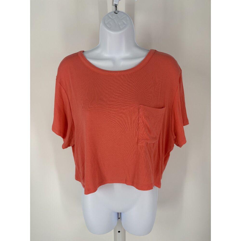 Coral Ribbed Crop Top | Short Sleeve Pocket Tee | Relaxed Fit Casual Summer Top